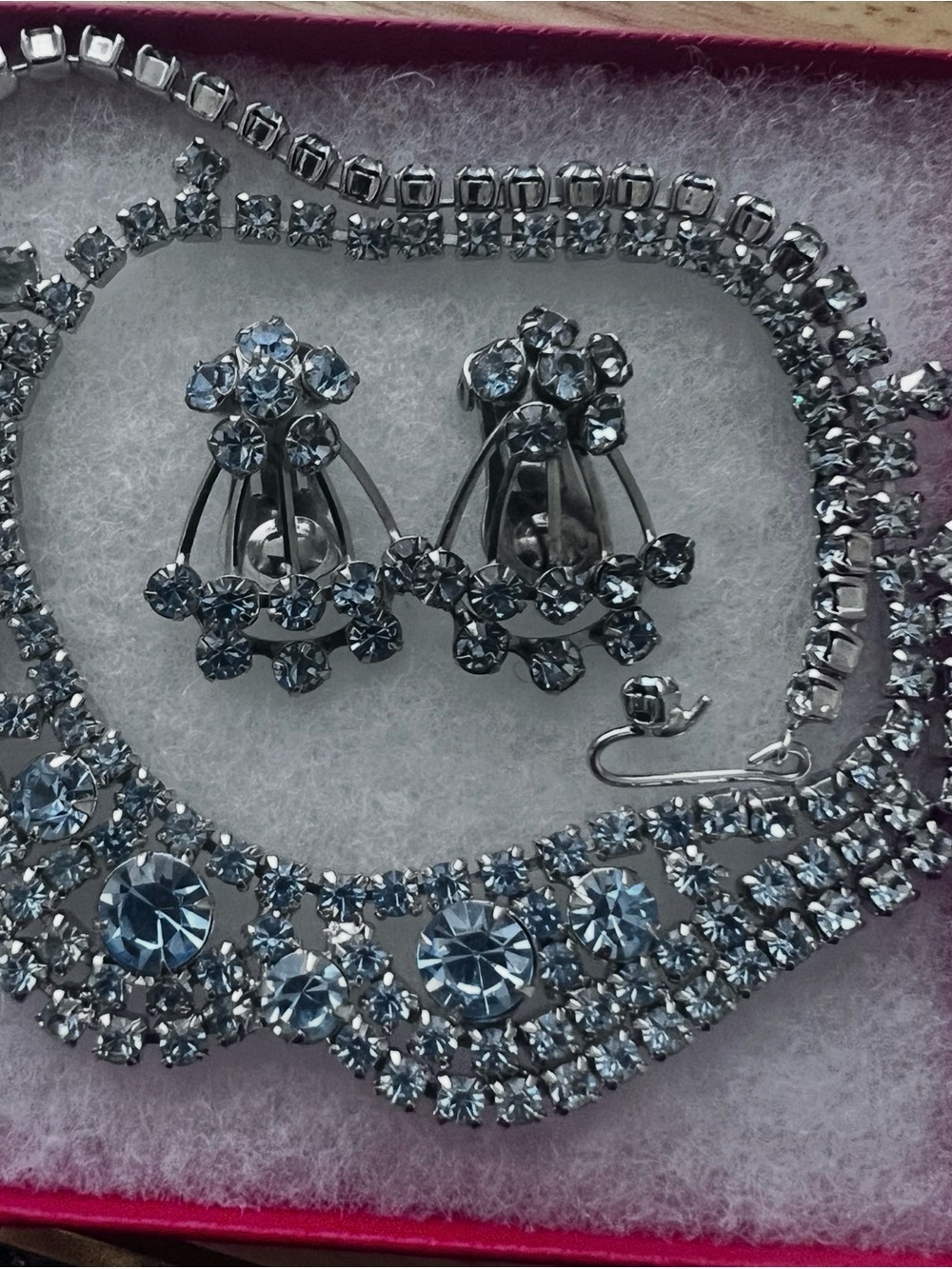 Crystal Blue Rhinestone Necklace and Clip-On Earrings Set